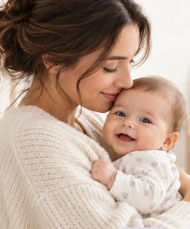 A mother holding her baby in a calm nursery